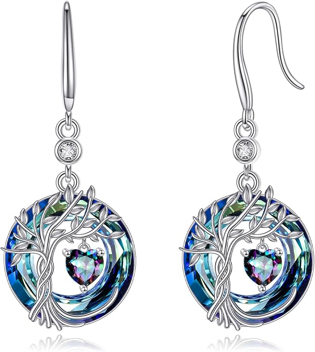 POPLYKE Tree of Life Birthstone Earrings 925 Sterling Silver Dainty Gemstone Birthstone Dangle Drop Earring with Crystal Fine Jewelry Birthday Gifts for Women Her