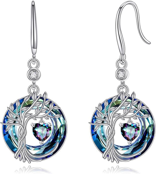 POPLYKE Tree of Life Birthstone Earrings 925 Sterling Silver Dainty Gemstone Birthstone Dangle Drop Earring with Crystal Fine Jewelry Birthday Gifts for Women Her