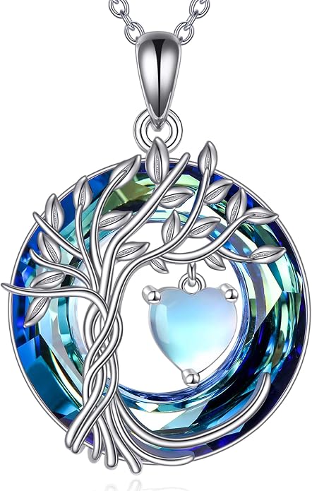 POPLYKE Mothers Day Gifts for Mom Her Wife Tree of Life Necklace 925 Sterling Silver Birthstone Pendant with Crystal Anniversary Birthday Wedding Jewelry for Women