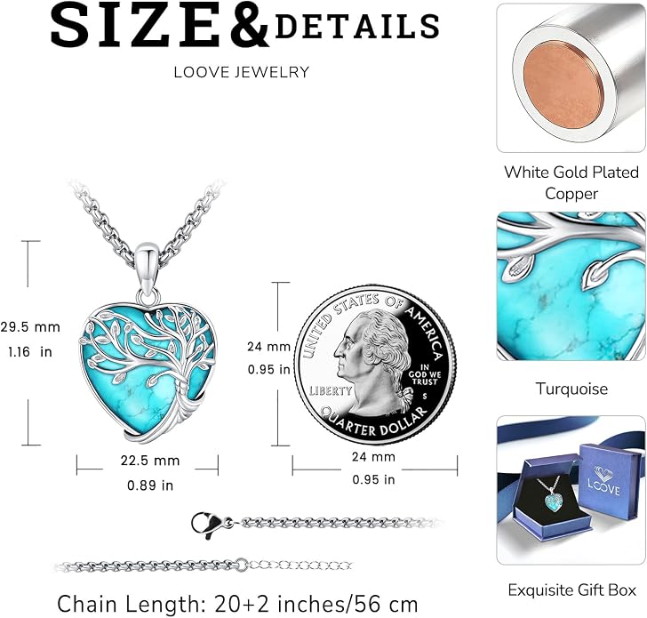Turquoise/Amethyst/Moonstone/Black Onyx Tree of Life Necklace for Women Hummingbird Necklaces White Gold Plated Copper Jewelry