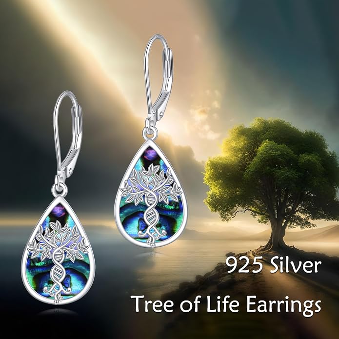Tree Of Life Earrings 925 Sterling Silver Abalone Shell Tree Of Life Dna Earrings Dangle Tree Of Life Jewelry Gifts for Women