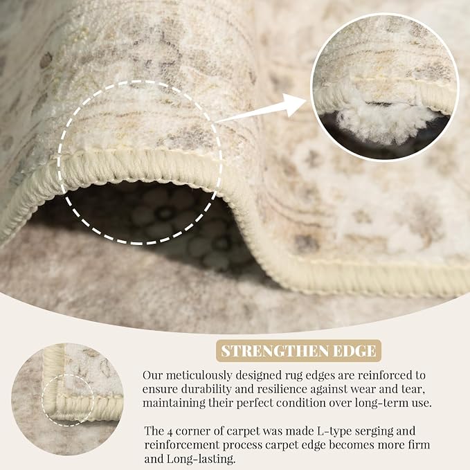 MUJOO Boho Rug 4'x6.5' Area Rugs Washable Non Slip Low-Pile Floral Beige | Machine Washable Throw Carpet for Bedroom Living Room Office Entryway Small Soft Floor Indoor Vintage Bohemian Flowers