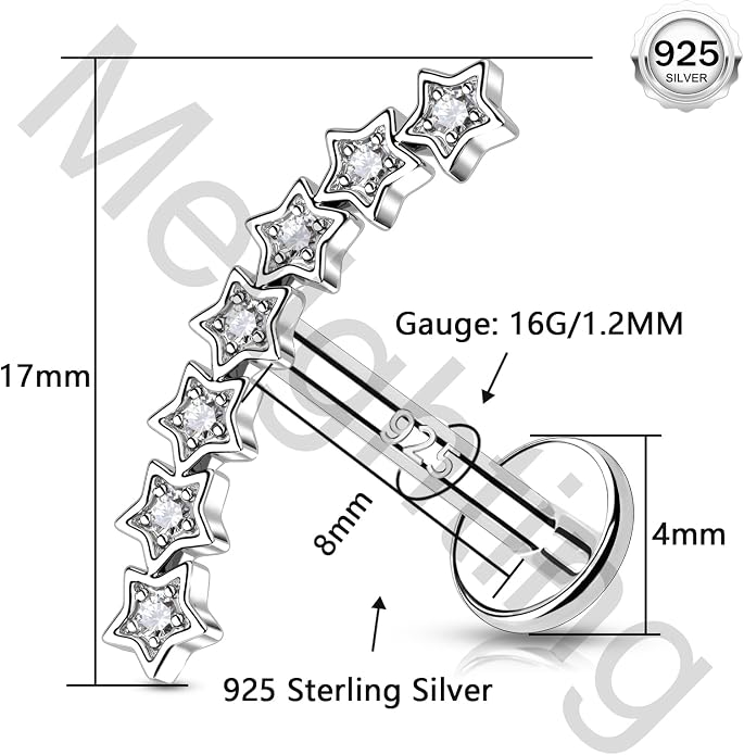 Melighting 925 Sterling Sliver Star Cartilage Earring Internally Threaded Flat Back Earring 16G 8 mm Curved Helix Piercing Jewelry Helix Stud for Women