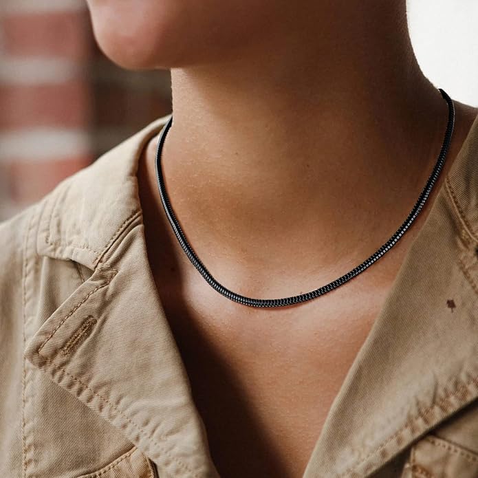 FindChic Black/14K Gold Plated Herringbone Choker Chain Necklace for Women | Waterproof Stainless Steel, Dainty Layering, Flat Snake Chain, Non-Tarnish, Hypoallergenic, Adjustable Extender, Gift Box