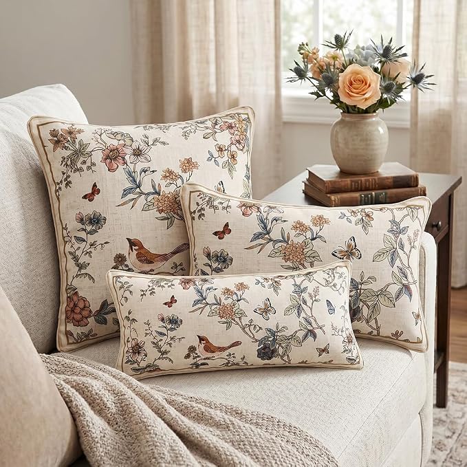 ISAENNE Designer Vintage Linen Throw Pillow Cover,20"x12"-Cornucopia A | Elegant French Rectangle Pillow Cover,Concealed Zipper,Floral and Bird Pattern,Sofas,Bedroom,Living Room,Lounge Chairs