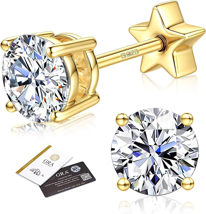 Moissanite Earrings Studs - 925 Sterling Silver Earrings for Women Men 14K Gold Plated Double Sided Star Flat Back Stud Earring Hypoallergenic Small Cartilage Helix Piercing Jewelry D Color VVS1