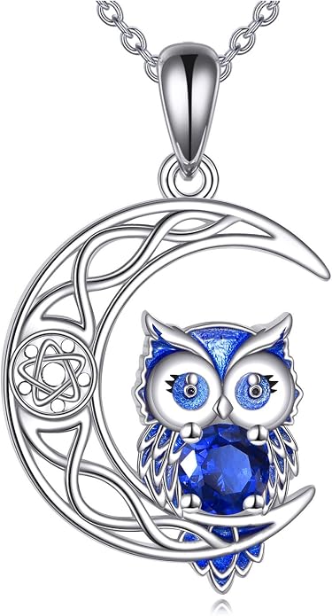 Owl Birthstone Necklace Sterling Silver Celtic Moon Pendant Cubic Zirconia Owls Jewelry Birthday Gifts for Women Men