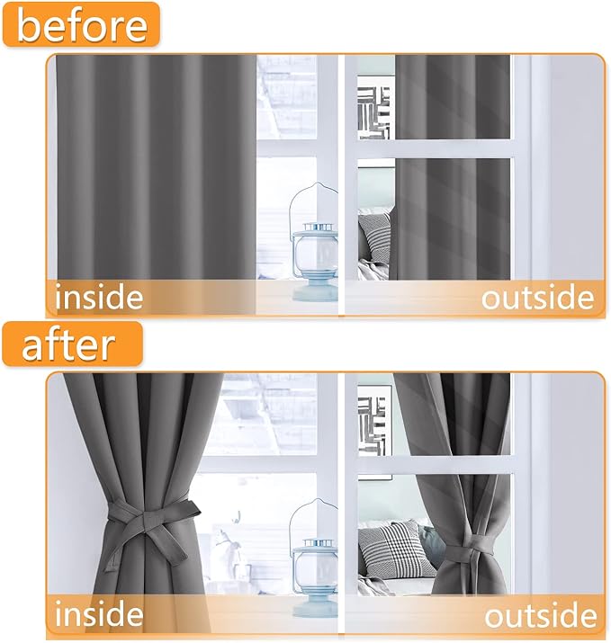 Hiasan Grommet Blackout Curtains for Bedroom, 60 x 72 Inches - Thermal Insulated & Light Blocking Window Drapes for Living Room/Dorm Room, Set of 2 Panels Sewn with Tiebacks, Light Grey