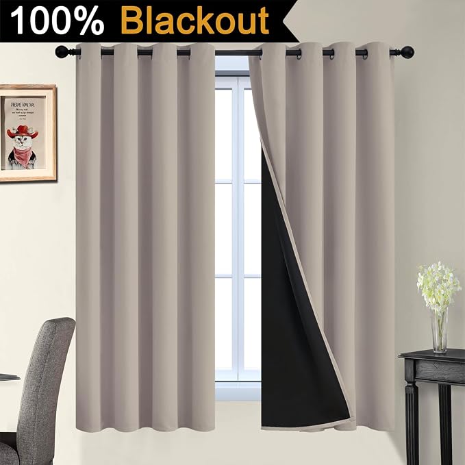 Yakamok Natural Blackout Curtains 63 Inches Long for Bedroom 52" Wide 2 PCS | Blackout Curtain Panels for Bedroom, 2 Thick Layers Grommet Top Thermal Insulated Drapes with Black Liner for Living Room