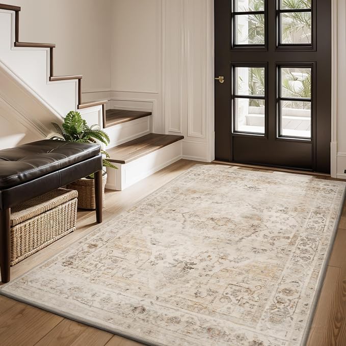 AMOAMI-3X5 Area Rug-Soft Washable Vintage Throw Accent Rugs for Living Room, Entryway, Bedroom, Kitchen, Bathroom, Laundry Room, Kitchen, Bathroom, Bedside, No Slip Beige