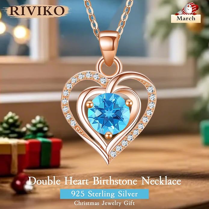 RIVIKO Heart Birthstone Pendant Necklace for Women 925 Sterling Silver Zirconia Necklaces Valentine's Day Anniversary Birthday Mothers Day Jewelry Gifts For Her Mother Wife