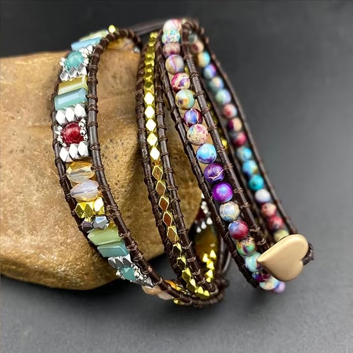 Boho Wrap Bead Bracelet for Women - Handmade Adjustable Natural Stone Beaded Bracelets Yoga Healing Bracelet Bangle Hippie Jewelry