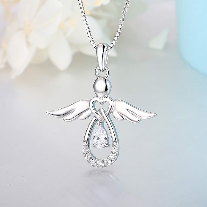 FJ Guardian Angel Necklace 925 Sterling Silver Birthstone Pendant Angel Jewelry Gifts for Women