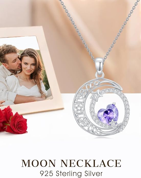 Dorunmo Heart Birthstone Necklace for Women 925 Sterling Silver Moon and Star Pendant Birthday Jewelry Gifts for Wife Her Daughter Mom