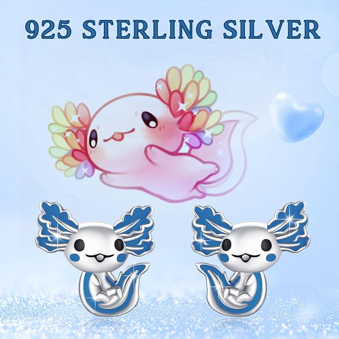 925 Sterling Silver Axolotl Earrings White Gold/Rose Gold Axolotl Jewelry for Women Girls Pink/Blue Axolotl Gifts