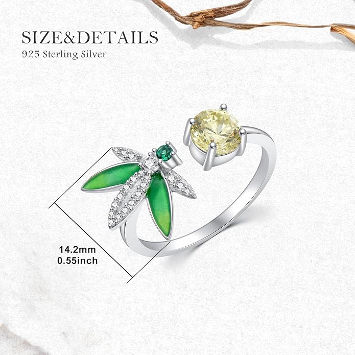 925 Sterling Silver Drangonfly/Butterfly Open Finger Rings Adjustable Dainty Gemstone Sapphire Emerald Green Ring for Women Round/Pear/Princess Engagement Promise Ring