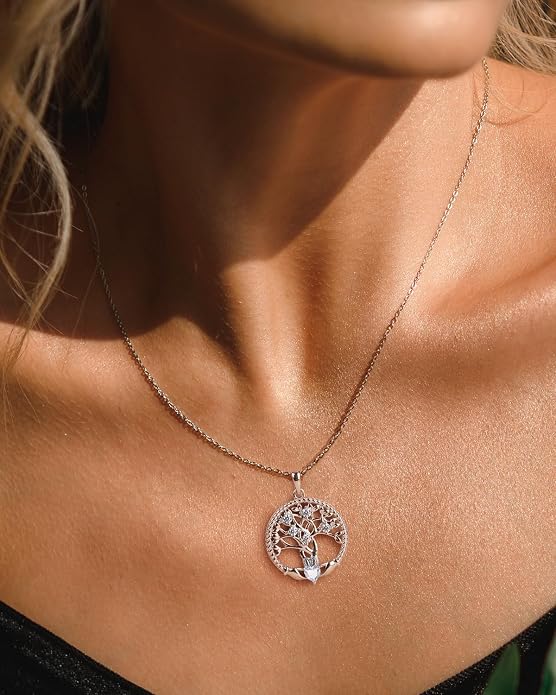 Birthstone Tree of Life Necklace for Women, 925 Sterling Silver Family Tree Pendant, Dainty Jewelry Birthday Mother's Day Valentine's Day Gifts for Her Mom Wife, 18"+2" Adjustable