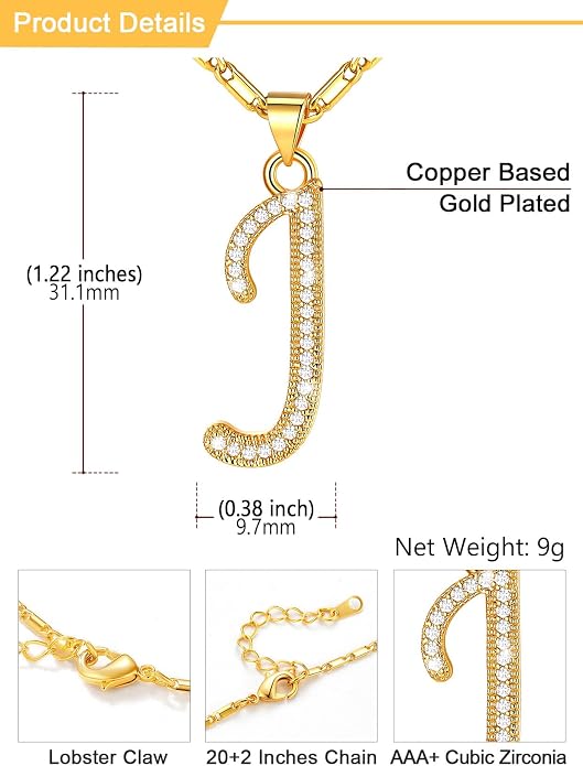 U7 Initial Necklace for Women, Gold/Platinum Plated CZ Crystal Letter A-Z Pendant Necklace, Shiny 20 Inch Name Chain Dainty Personalized Jewelry for Men Mom Wife Friend