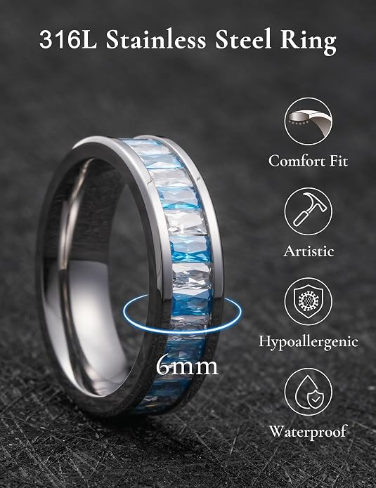 King Will 6mm 316L Stainless Steel Eternity Ring for Women, Colorful Baguette-Cut Cubic Zirconia Stackable Band, Pipe Cut Anniversary Engagement Ring Comfort Fit, Size 6-10