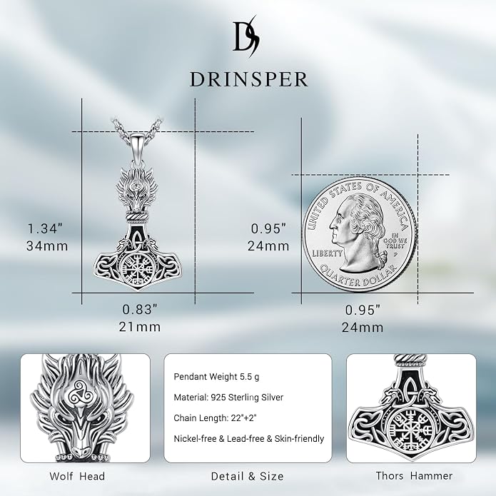 Viking Mjolnir Thors Hammer Necklace Norse Thor Talisman Amulet Pendant 925 Sterling Silver 18k Gold Plated Viking Jewelry Gifts for Men Women