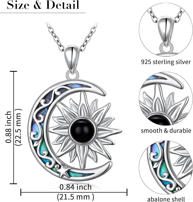 925 Sterling Silver Sun and Moon Necklace Abalone Shell Crescent Moon Sun Pendant Necklace Gemstone Jewelry Birthday Gifts for Women