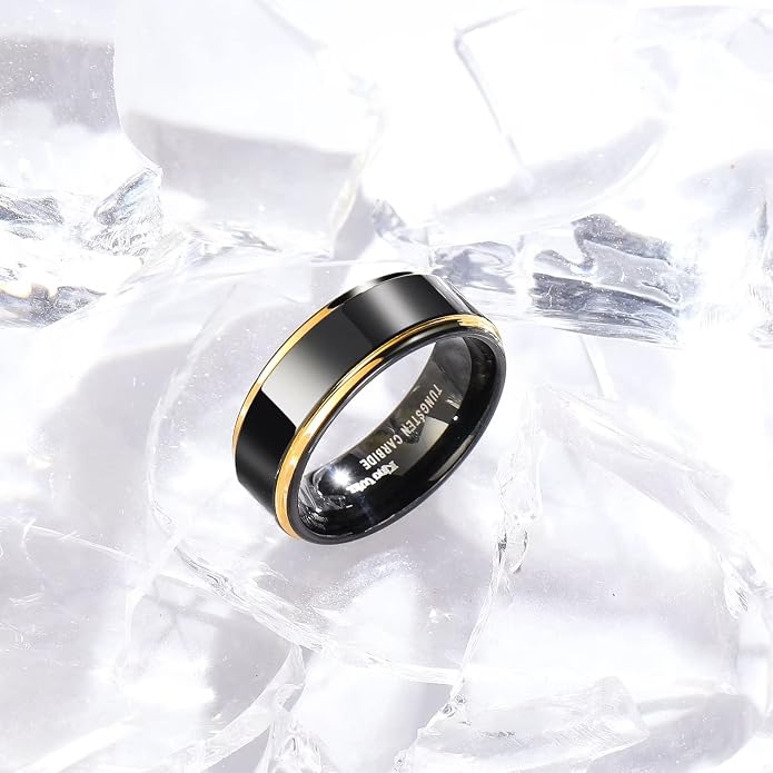 King Will 8mm Black Silver Mens Polished Tungsten Wedding Rings High Polish Surface Wedding Band Blue Silver Step Edge Comfort Fit