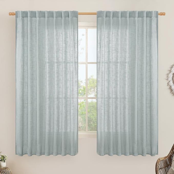 LAMIT Extra Wide Linen Curtains for Living Room, Light Filtering Faux Linen Textured Panels Semi Sheer Back Tab and Rod Pocket Boho Drapes for Farmhouse, 2 Panels, Greyish Blue, 60 x 63 Inch
