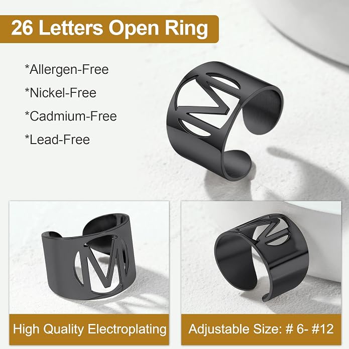 KeyStyle Bold Initial Letter Rings Adjustable, GoldChic Jewelry Women Gold Statement Ring Personalized Engraved Women’s Open Signet Ring for Party (Gold, White Gold, Black)