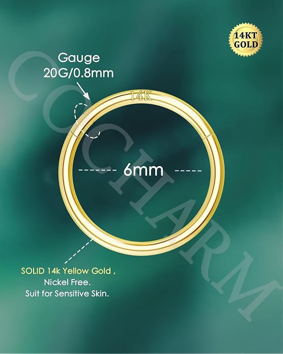 COCHARM 14K Solid Gold 18g/16g Nose Rings 16G Septum Rings Yellow Gold Tragus Helix Cartilage Conch Earring Hoops 18 Gauge Piercing Hoop