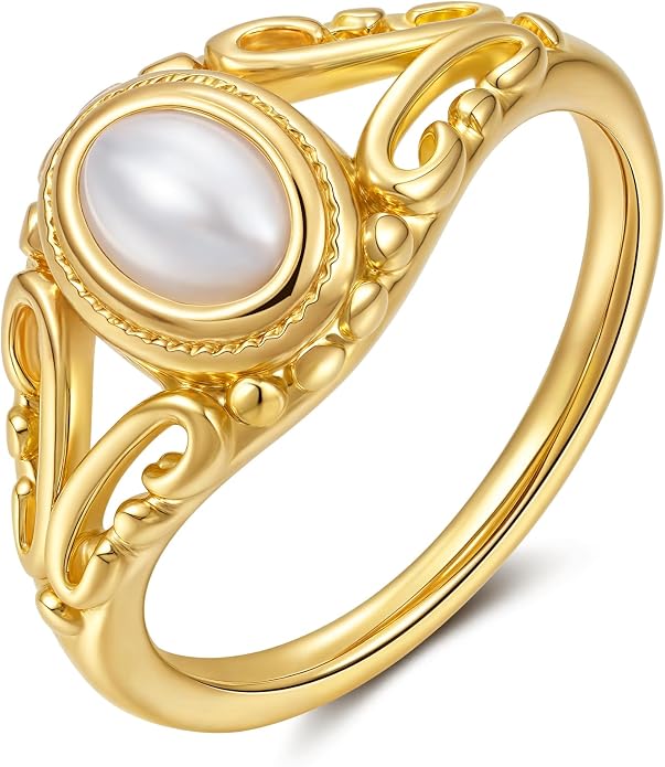 YeGieonr Non Tarnish Gold Signet Rings for Women - Waterproof 18K Gold Plated Stainless Steel Pearl Ring, Statement Ring for Everyday Wear