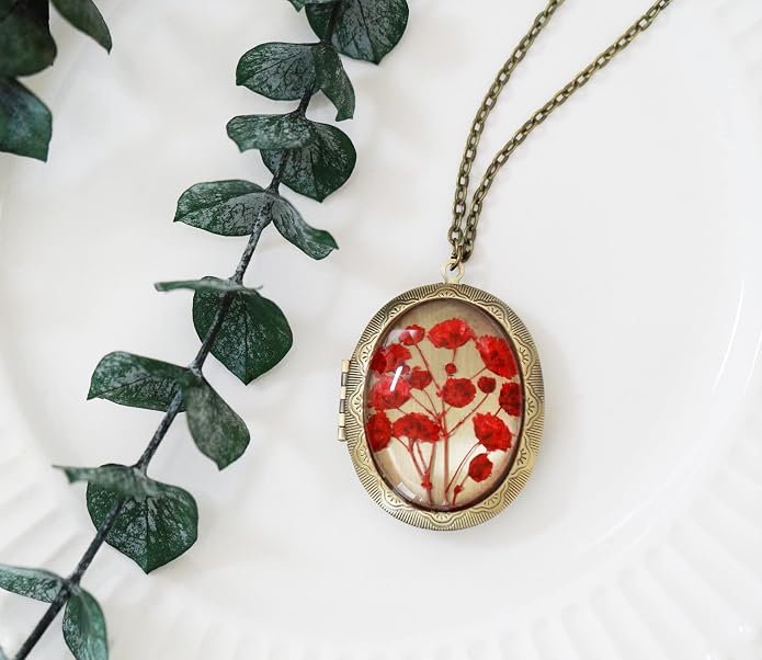 Handmade Oval Shaped Photo Locket with dried Pressed Flowers Locket pendant Necklace