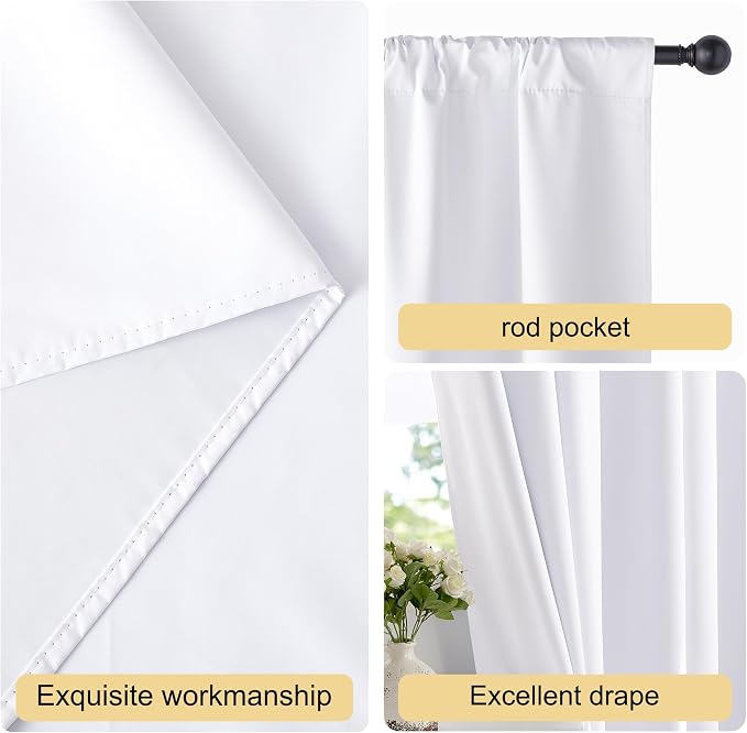 NICETOWN Bedroom 100% Blackout Curtains, 2 Panels, 34 by 40, Snow White, Window Treatment Rod Pocket Curtains/Drapes for Bedroom
