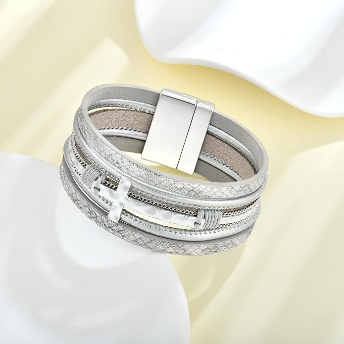 Leather Wrap Bracelets Cross Bracelets Trendy Layered Bracelet for Women Stackable Bracelet Jewelry Birthday Christmas
