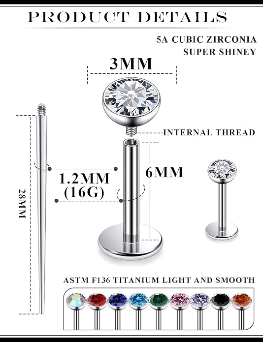20G 18G 16G Astm F136 Titanium Internal Thread Flat Back Earrings Nose Studs Tragus Helix Conch Cartilage Lobe Earrings Medusa Labret Snake Bite Monroe Lip Ring Piercing Jewelry For Women Men