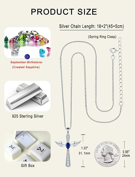 YL Cross Necklace 925 Sterling Silver Angel Wings Pendant Teardrop Birthstone Criss Jewelry for Women