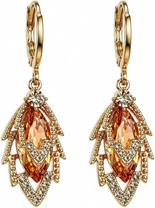 14K Gold Plated Dangle Drop Earrings, Hypoallergenic Cubic Zirconia Crystal Teardrop Leaf & Feather Earrings, Vintage Long Linear Threader Chandelier Statement Jewelry for Women Wedding Party Gifts
