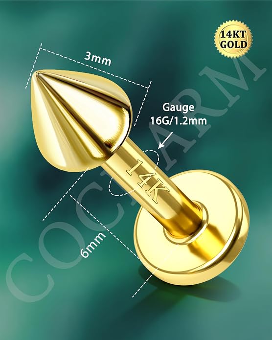 COCHARM 14k Solid Gold 16g Labret Studs Real Yellow Gold Medusa Monroe Madonna Stud Lip Piercing Helix Cartilage Conch Earring Stud