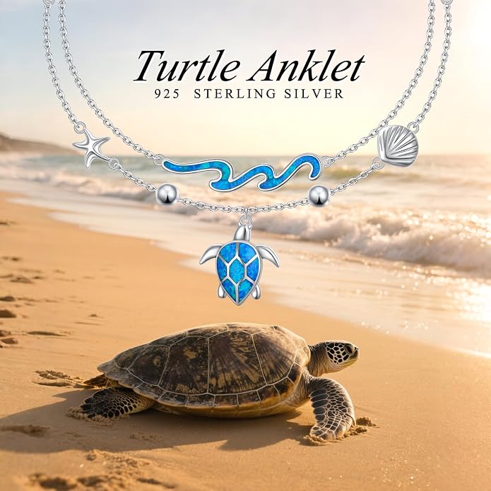 Ladytree S925 Sterling Silver Boho Beach Double Layer Anklets Bracelet for Women Adjustable 9 to 11 inches