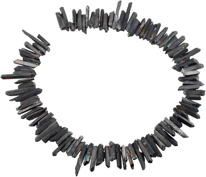 SUNYIK Black Titanium Coated Crystal Points Quartz Rough Sticks Spikes Point Beads 15 inch Strand Drilled