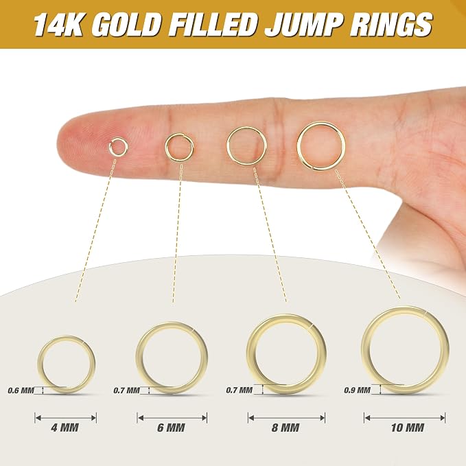 4/6/8/10MM 950PCS 14K Gold Jump Rings for Jewelry Making Non Tarnish Small Open Gold Filled Jump Rings for Necklace Earrings Bracelet Key Chains and DIY Craft