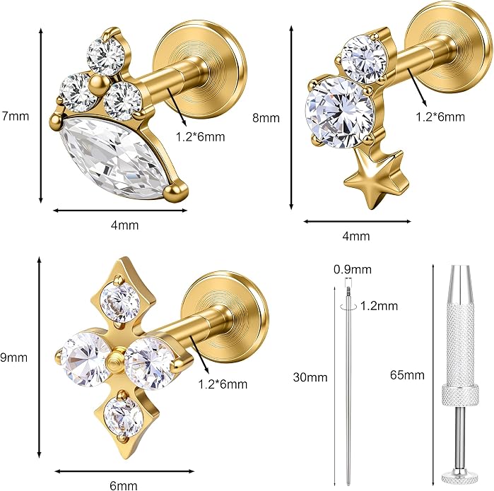 G23 Titanium 18K Gold Filled 16G Cartilage Earring 3PCS | Flat Back, 6mm 8mm, Conch Helix Tragus Lobe, Stud Labret Piercing Jewelry, For Women