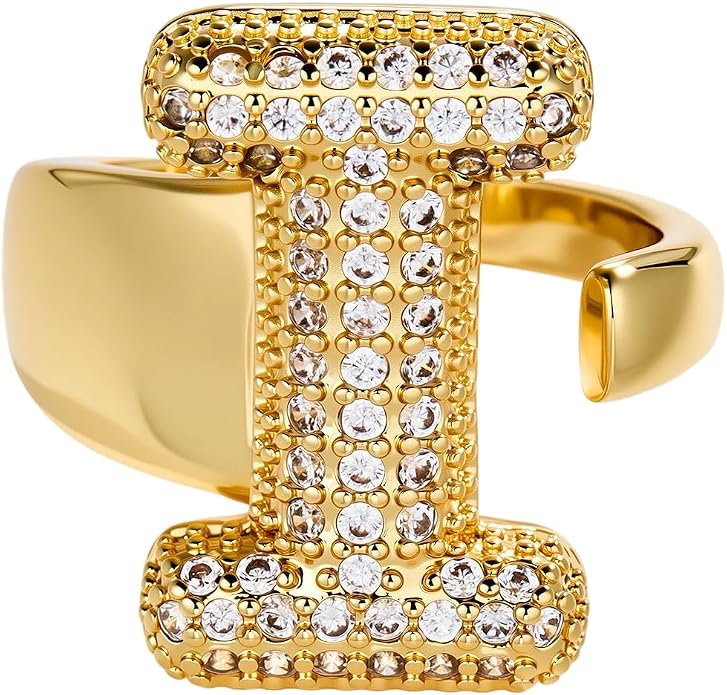 Cicy Bell Initial Rings for Women 14k Gold Plated Cubic Zirconia Delicate Letter Chunky Statement Open Rings Gifts for Her