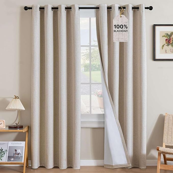 H.VERSAILTEXLinen-Polyester Curtains 100%Blackout Curtains for Bedroom 96"Long Full Light Blocking Nature Linen-Polyester Blended Window Curtains for LivingRoomNickel Grommet(2Panels,HeatheredNatural)