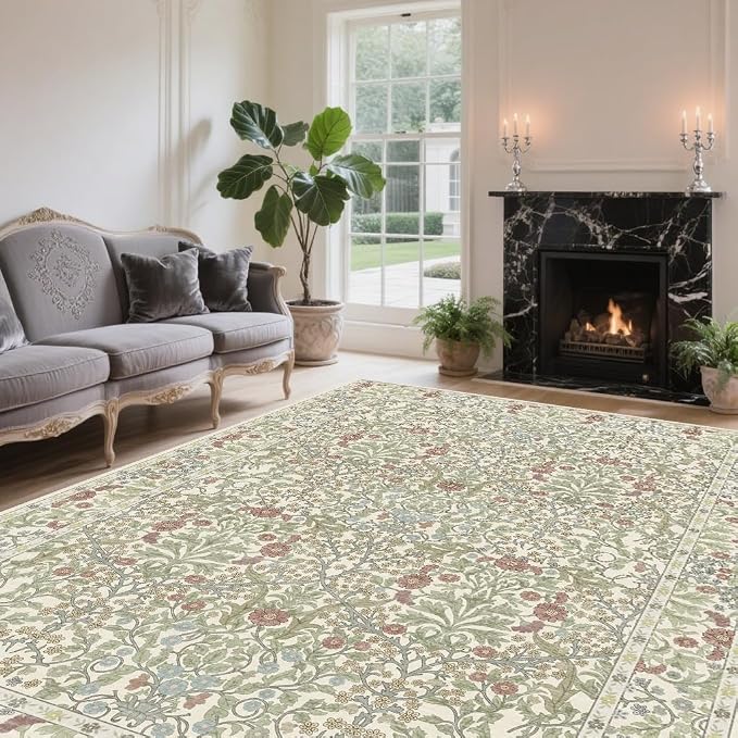 Vintage Light Green Living Room Rug, 6x9 Washable Area Rugs for Dining Room Under Table, Soft Low Pile Large Carpet Bedroom, Non-Slip Boho Floral (6 x 9 Light Green)