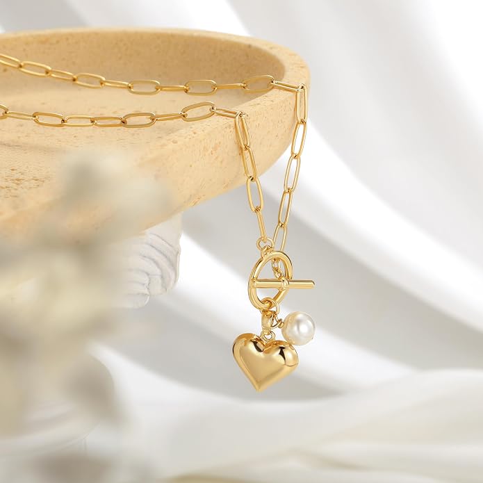 Tewiky Cute Heart Necklace Tiny 14k Gold Heart Pendant Choker Necklaces Small Gold Love Open Heart Chain Necklace for Women Dainty Gold Necklace Gifts for Her