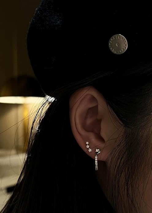 COSMO CARAT 14K Gold Plated Nap Earrings 925 Sterling Silver Star Moon CZ Stud Earrings Screw Back Hypoallergenic Celestial Tiny Cartilage Helix Second Piercing Earrings For Women