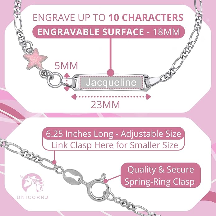 UNICORNJ 925 Italy Sterling Silver Child or Baby Name Bracelet Girls Boys, Personalized Engraved Kids ID Bracelets, 6.5" Figaro Chain, Enamel Charm Newborn Infant Toddler Kid Jewelry