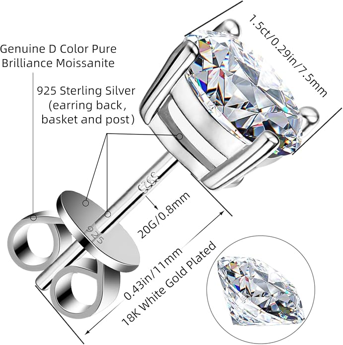 Moissanite Stud Earrings GRA 925 Sterling Silver Earrings for Men 18K White Gold Plating Earrings for Women,wedding earrings(0.3Ct-4Ct)