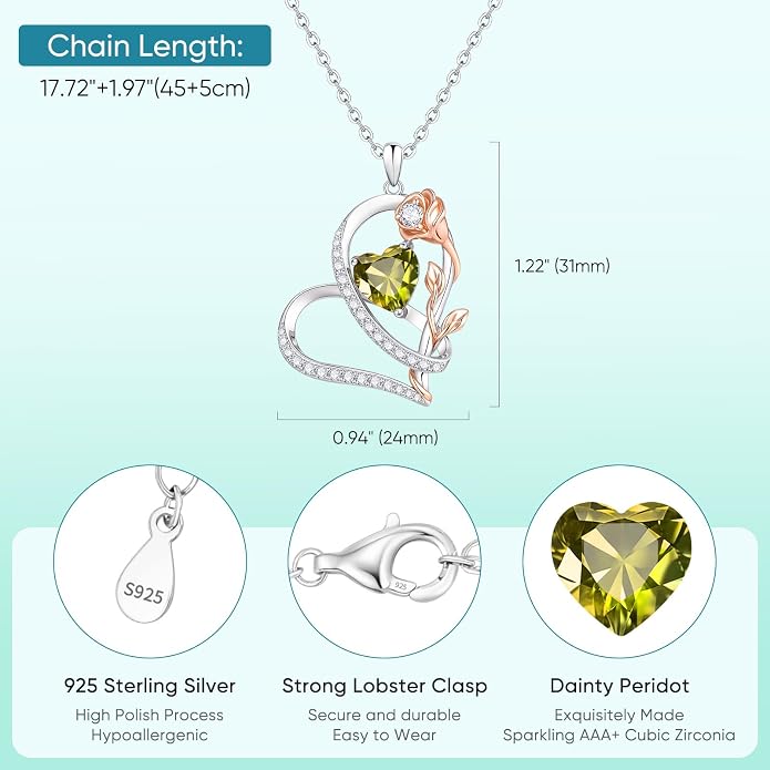 Rose Heart Birthstone Necklace for Women - Dainty 925 Sterling Silver Necklaces for Women Trendy CZ Pendant Necklace Jewelry Birthday Anniversary Christmas Gifts for Girlfriend Mom Lady Daughter