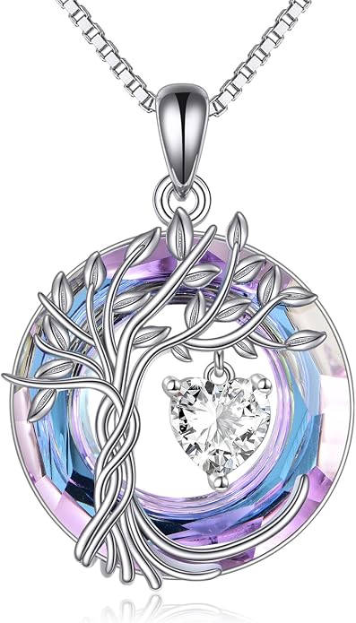POPLYKE Mothers Day Gifts for Mom Her Wife Tree of Life Necklace 925 Sterling Silver Birthstone Pendant with Crystal Anniversary Birthday Wedding Jewelry for Women